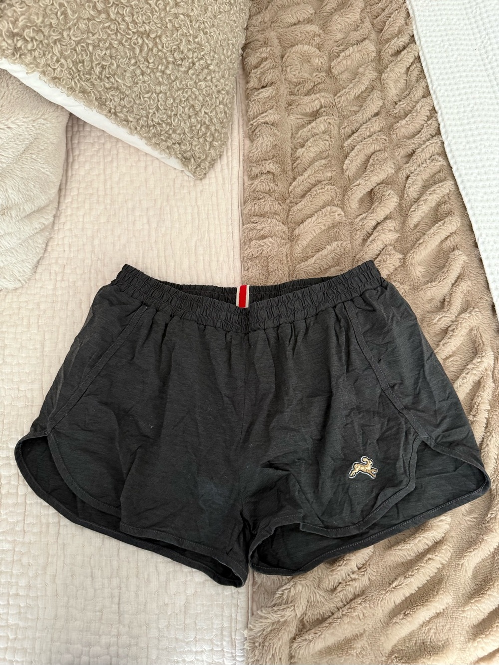 Tracksmith Dark Grey Athletic Shorts with Red Waist Trim